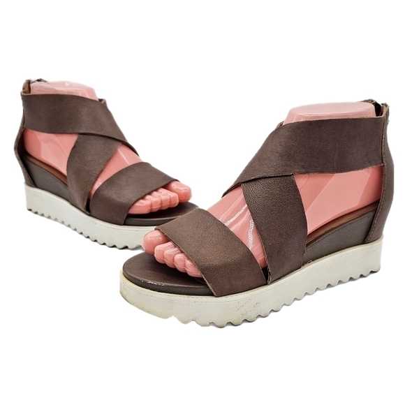 Steve Madden Shoes - Steven by Steve Madden Womens Keanna Wedge Sandal Strappy Zip Up Brown Size 6.5M